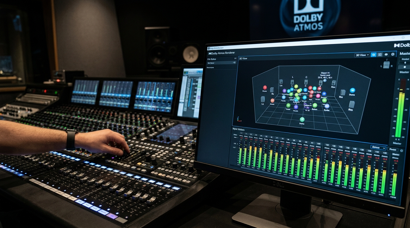 Dolby Atmos renderer interface with 3D audio object panning in a virtual grid