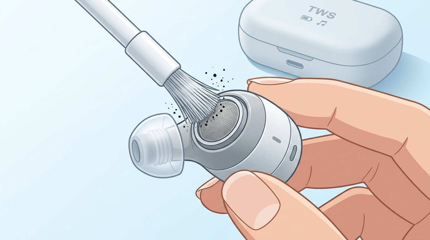 Illustration of cleaning an earbud mesh with a soft brush