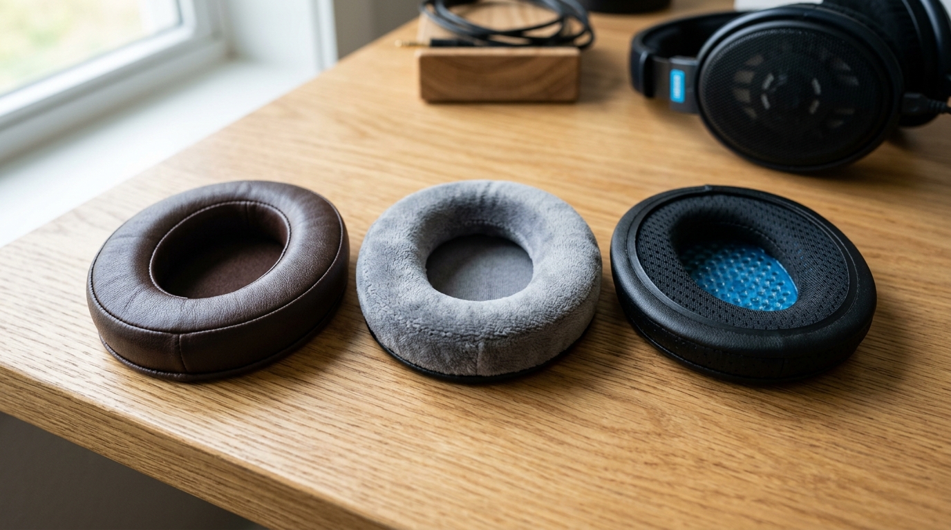 Different types of headphone earpads including leather, velour, and cooling gel