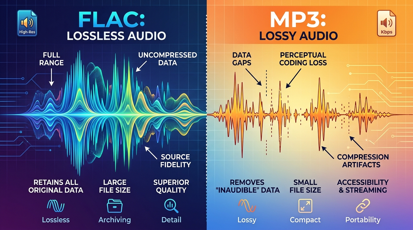 Visual comparison showing FLAC lossless soundwaves vs MP3 lossy compressed soundwaves