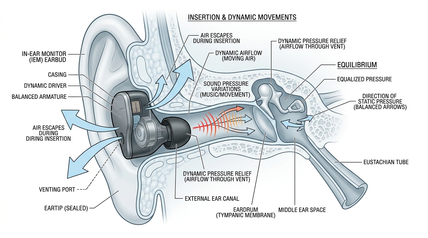 Detailed technical diagram illustrating ear canal pressure equalization and dynamic pressure relief through venting ports in an in-ear monitor (IEM)