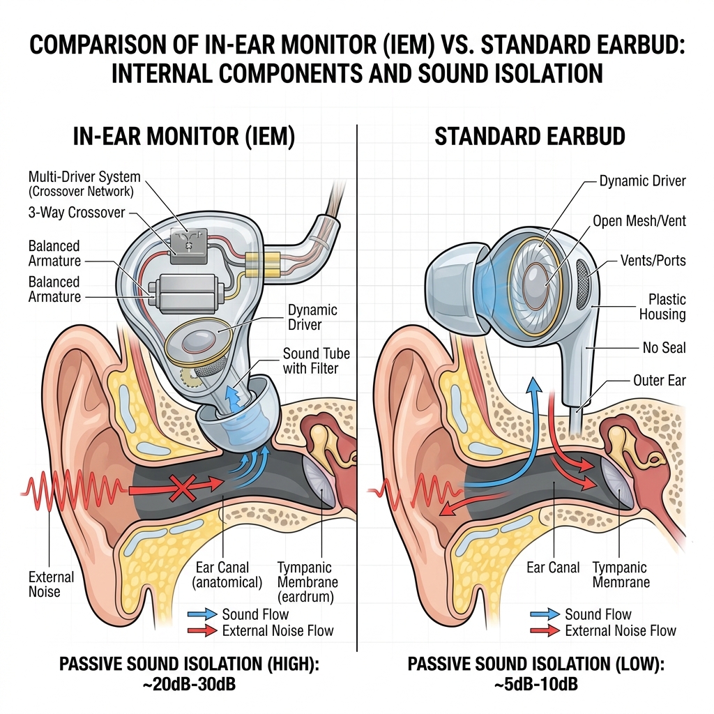 Diagram comparing IEMs and standard earbuds