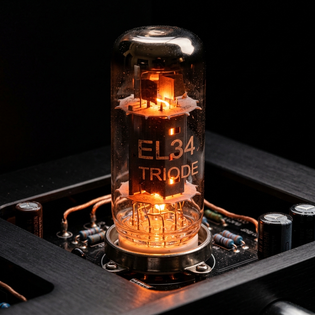 Glowing vacuum tube in a tube headphone amplifier, representing the warm analogue sound of high output impedance designs