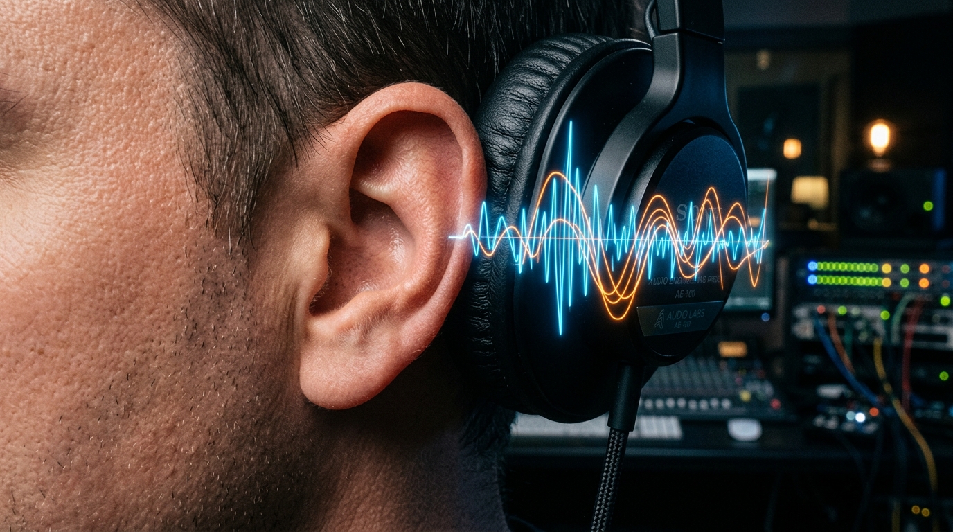 Sound waves radiating from headphone driver into a human ear
