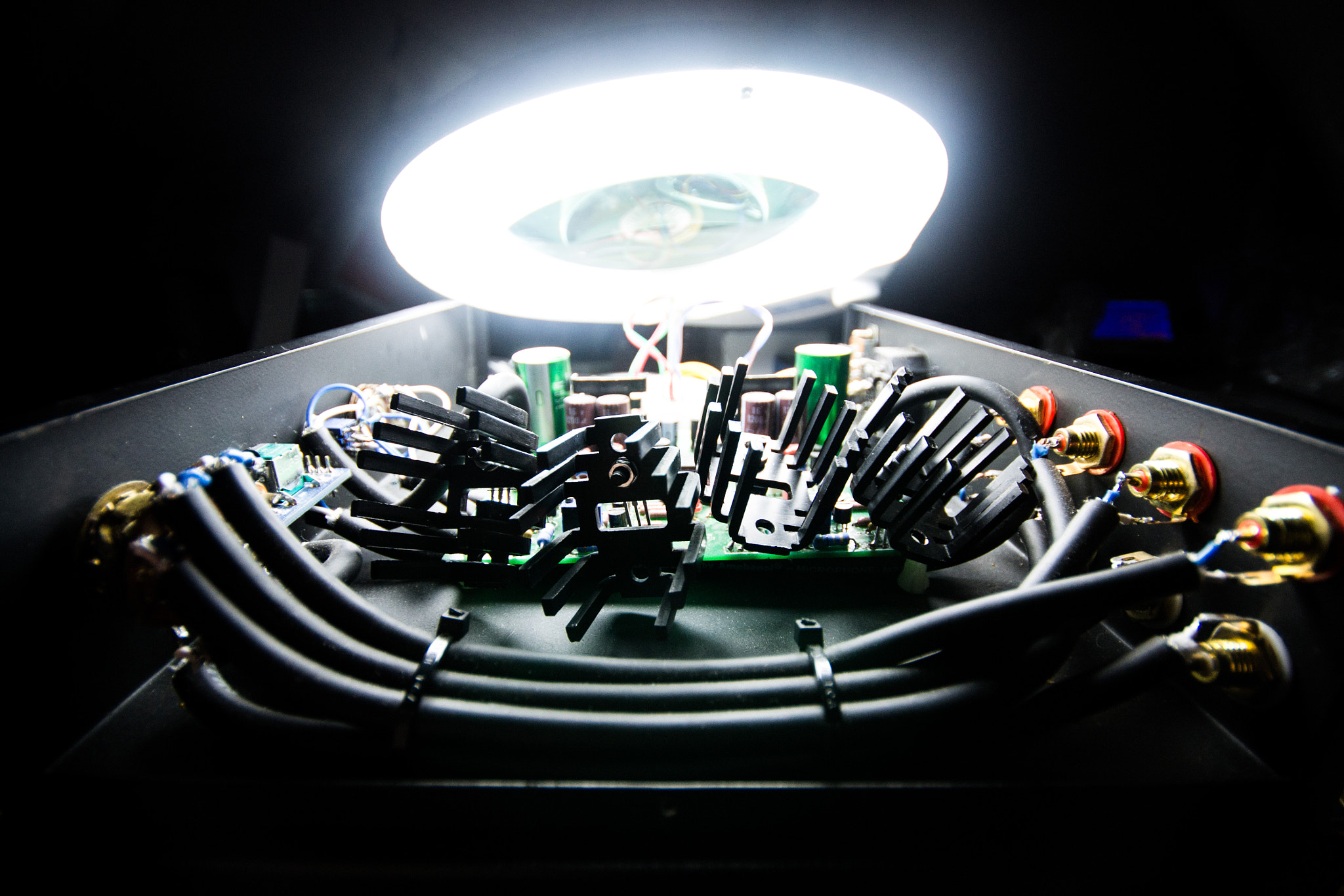 close up view of discrete op-amp module components on electronic board