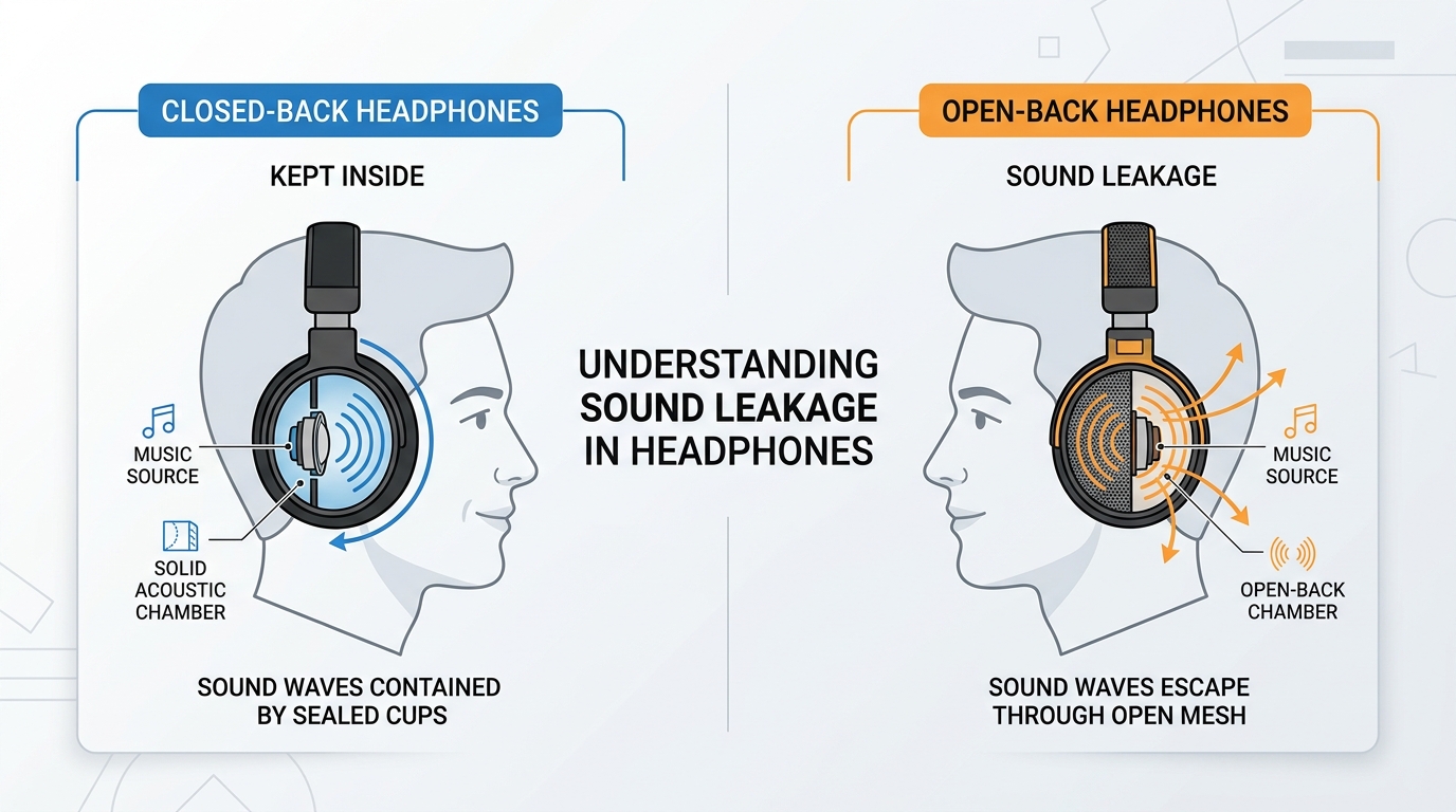 Comparison of sound leakage in closed-back and open-back headphones showing sound waves escaping from the mesh grill of the open-back design.
