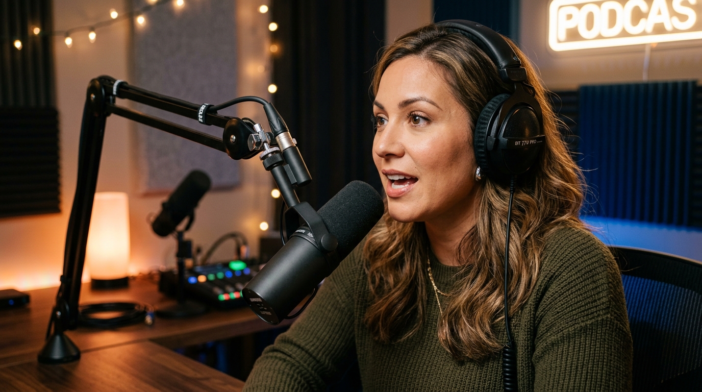 A professional podcaster wearing closed-back studio headphones, speaking into a broadcasting microphone.