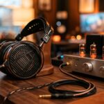 Premium open-back headphones next to a glowing tube amplifier representing soundstage