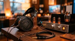 Premium open-back headphones next to a glowing tube amplifier representing soundstage