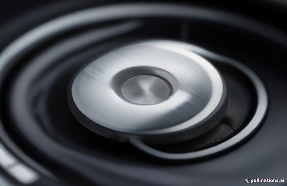 Macro photograph of a corrugated aluminum-magnesium alloy ribbon driver diaphragm suspended between neodymium bar magnets inside an audiophile headphone chassis